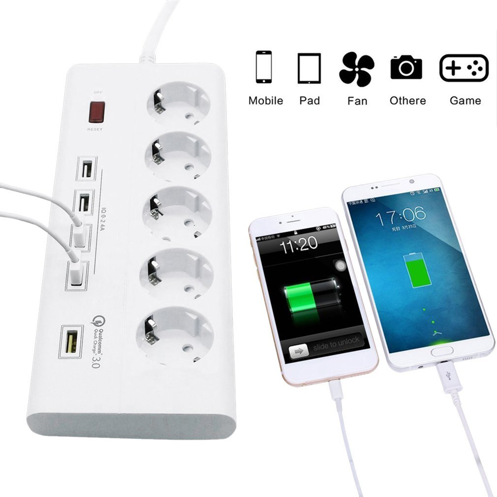 Regleta enchufe, Regleta con 5 Tomas +5 puertos USB  Concentrador (4 de 5V/2.4A y 1 de QC3.0) + Cable De 1.8M, Sweetchestnut adaptador multifunción USB con interruptor LED indicador (UE) - 4000W