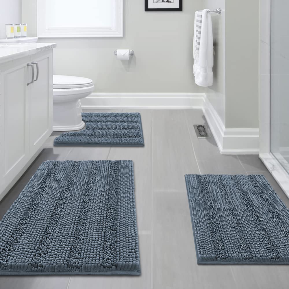 Photo 1 of H.VERSAILTEX 3 Piece Bathroom Rugs Sets Thick Striped Bath Rugs Set for Bathroom Non Slip Soft Absorbent Bath Mat Set for Tub, Shower and Toilet(17''x24''+20''x32''+20''x24'' U-Shaped, Stone Blue)