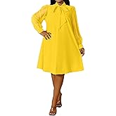 Ekaliy Women's Puff Sleeves A-Line Dress V Neck Bow Loose Flowy Cocktail Party Dress with Pockets