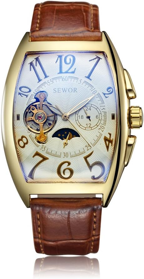 Tonneau Luxury Leather Strap Automatic Mechanical Men Wrist Watch Tourbillon Wristwatch
