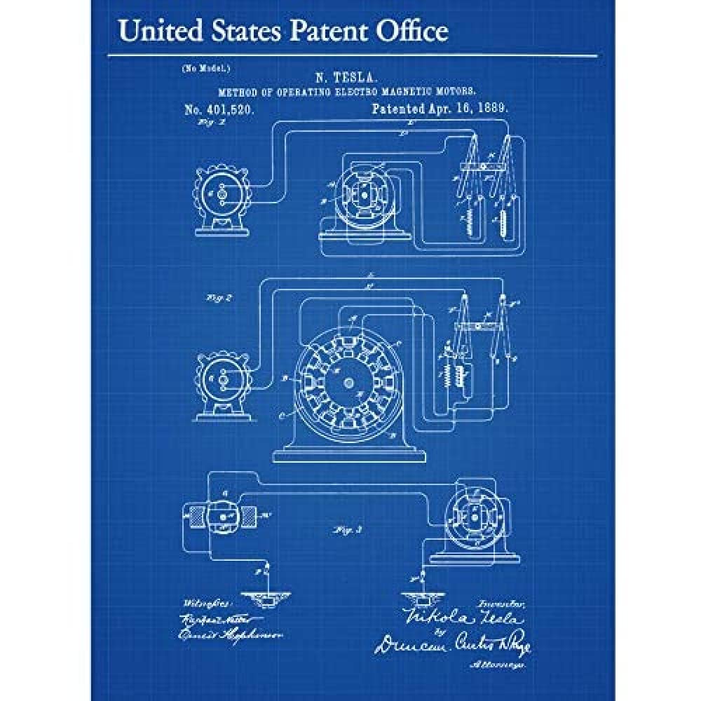 Artery8 Tesla Electro Magnetic Motor 1889 Vintage Patent Art Print Canvas Premium Wall Decor Poster Mural