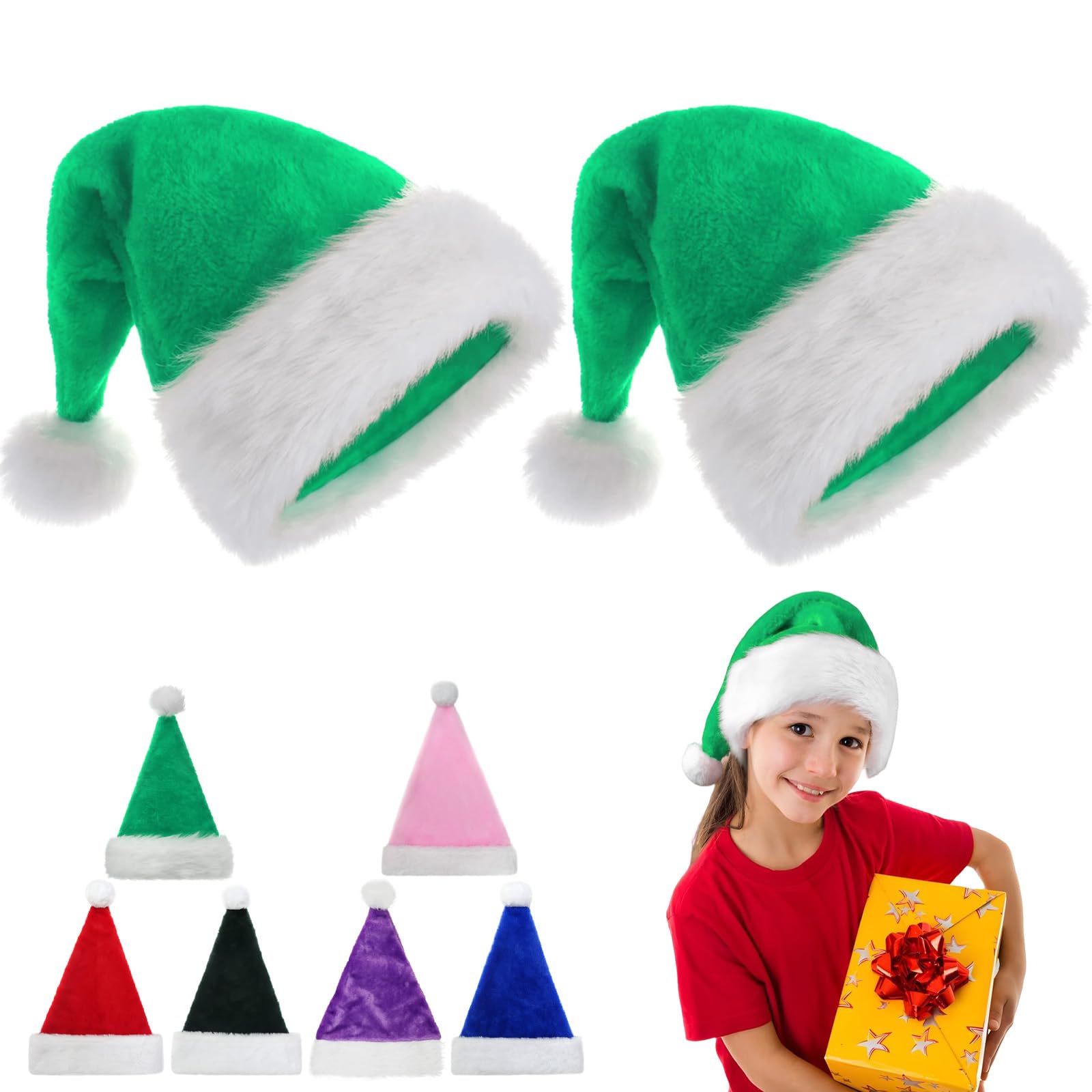 POPOYU 38cm Christmas Hats Santa Hat, 2P Deluxe Velvet Xmas Santa Claus Hat, Unisex Velvet Comfort Christmas Party Hats Thicken Classic Fur for New Year Festive Xmas Party Supplies(Green)