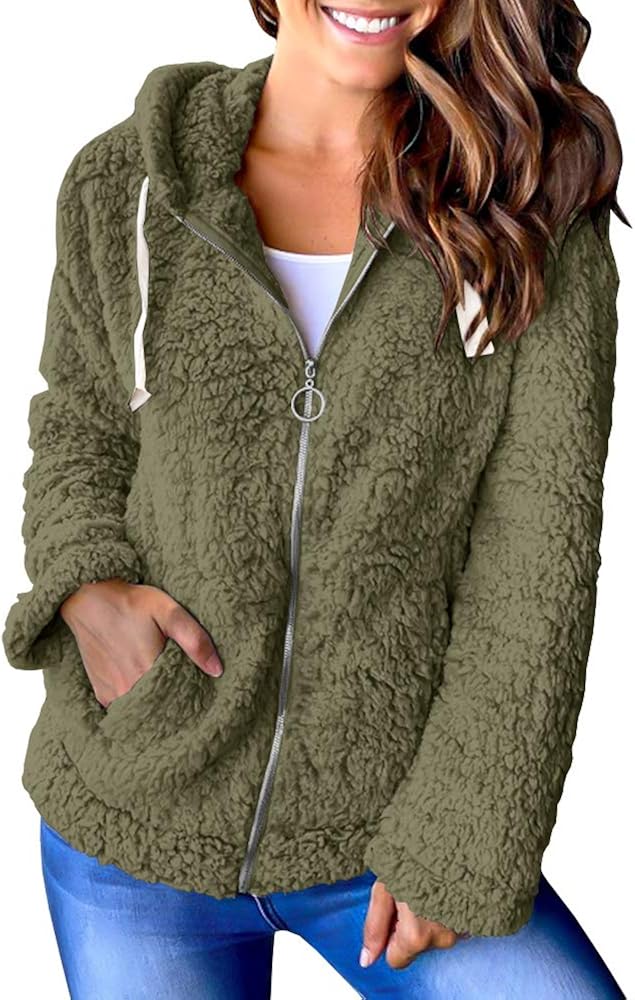 Womens Sherpa Long Sleeve Jacket Fleece Zip Up Hooded Chunky Pockets