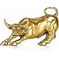 NILEEBUKER 7.8" L Gold Brass Wall Street Bull Statue Sculpture Stock Market Charging Bull Art Office Decor Gift