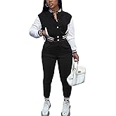 KELOVEPAN Sweatsuits for Women Set 2 Piece Patchwork Tracksuits Button Down Crop Bomber Varsity Jacket Pants Set Sexy
