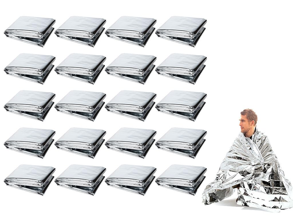 Kellegour 20 pcs Emergency Survival Blanket,140cm x 210cm Silver Survival Reflective Thermal First Aid Foil Blanket,Emergency Thermal Blankets for Outdoors,Camping,Hiking,Survival,Marathons