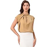 Allegra K Women's Satin Cap Sleeve Pleated Neck Casual Office Blouse