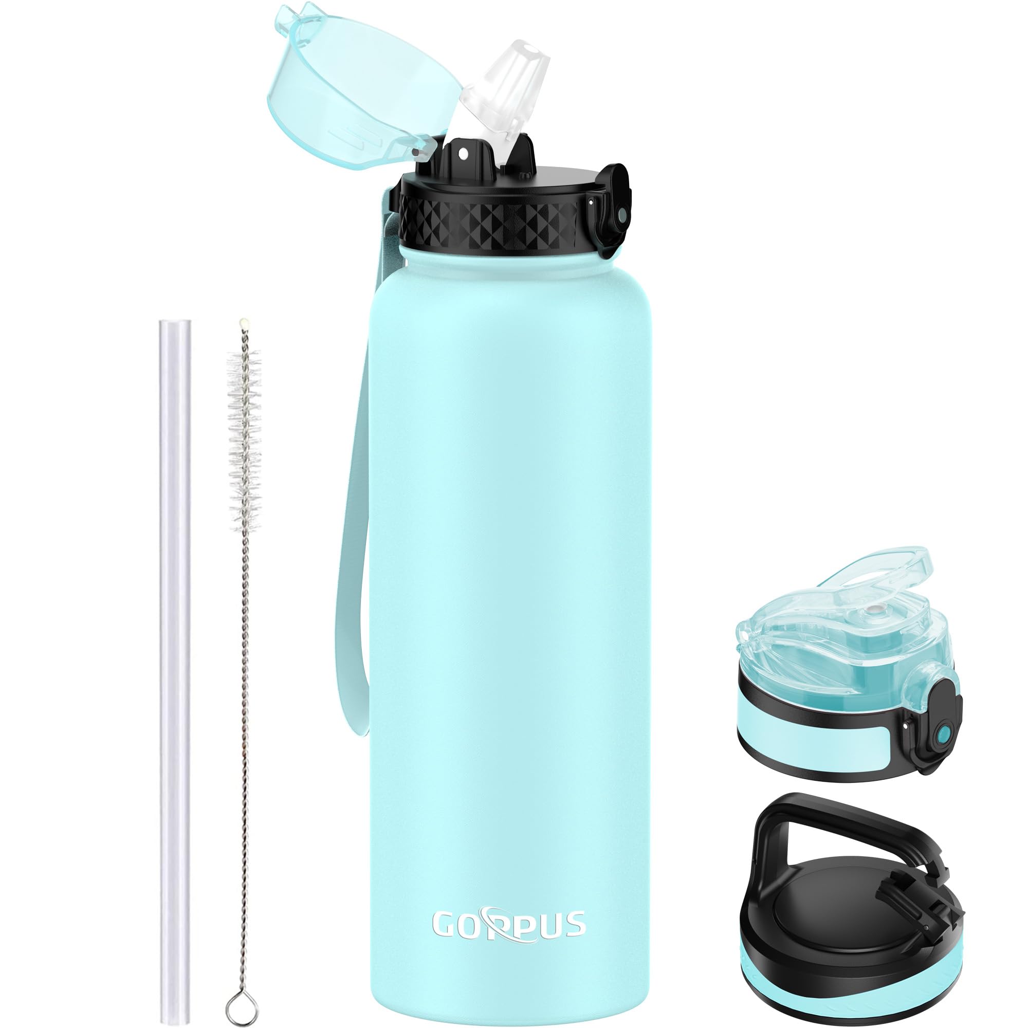 GOPPUS 1.2L/40oz Stainless Water Bottle with Straw Double Wall Insulated Bottles with Strap Large Vacuum Thermal Flask Leakproof Keep Cold Drinks Bottles with Flip Top Lid for Men Women BPA Free