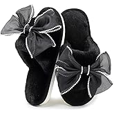 Meknitva Cute Bow Slippers for Women Open Toe Fuzzy House Slippers Memory Foam Indoor Outdoor Anti-Skid Soft Birthday Gifts for Women Mom