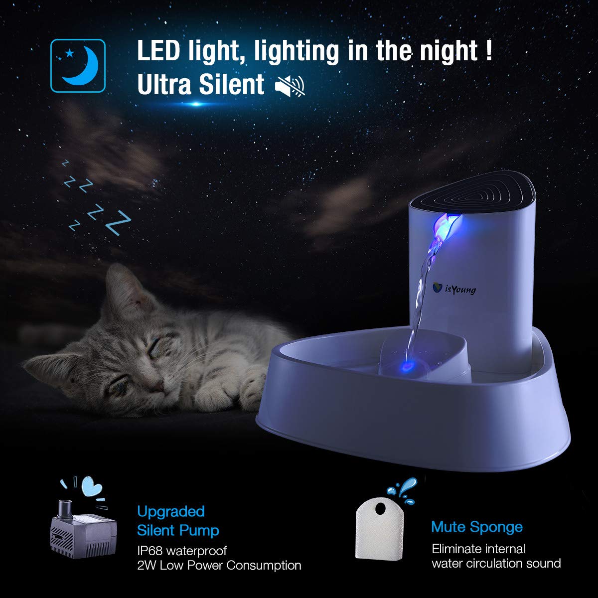 isYoung LED Cat Fountain Automatic Pet Water Drinking Fountain Pet Water Dispenser with Adjustable Water Flow, Activated Carbon Filter, Super Quiet, Great for Cats and Small Dogs