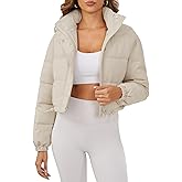 Ogfao Women's Cropped Puffer Jacket Long Sleeve Puffy Coat Stand Collar Zip UP Quilted Padded Drawstring Outwear with Pockets