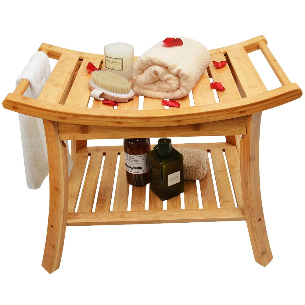 ZHUOYUE Shower Bench Bathroom Spa Bath Organizer Stool with Storage Shelf