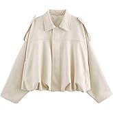 Xunger Women's Faux Suede Bomber Jacket Spring Lapel Pilot Coat Casual Oversized Long Sleeves Trendy Streetwear Outerwear