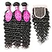 Younsolo Deep Wave Bundles with Closur Brazilian Deep Wave 3 Bundles with 4x4 Lace Closure 8A 100% Unprocessed Brazilian Virgin Human Hair Free Part Human Hair Extensions(12 14 16+10, Natural Color)