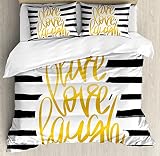 Ambesonne Live Laugh Love Duvet Cover Set, Romantic Design with Hand Drawn Stripes and Calligraphic Text, Decorative 3 Piece Bedding Set with 2 Pillow Shams, Queen Size, White Yellow