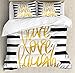 Ambesonne Live Laugh Love Duvet Cover Set, Romantic Design Hand Drawn Stripes and Calligraphic Text Print, Decorative 3 Piece Bedding Set with 2 Pillow Shams, Queen Size, Yellow White