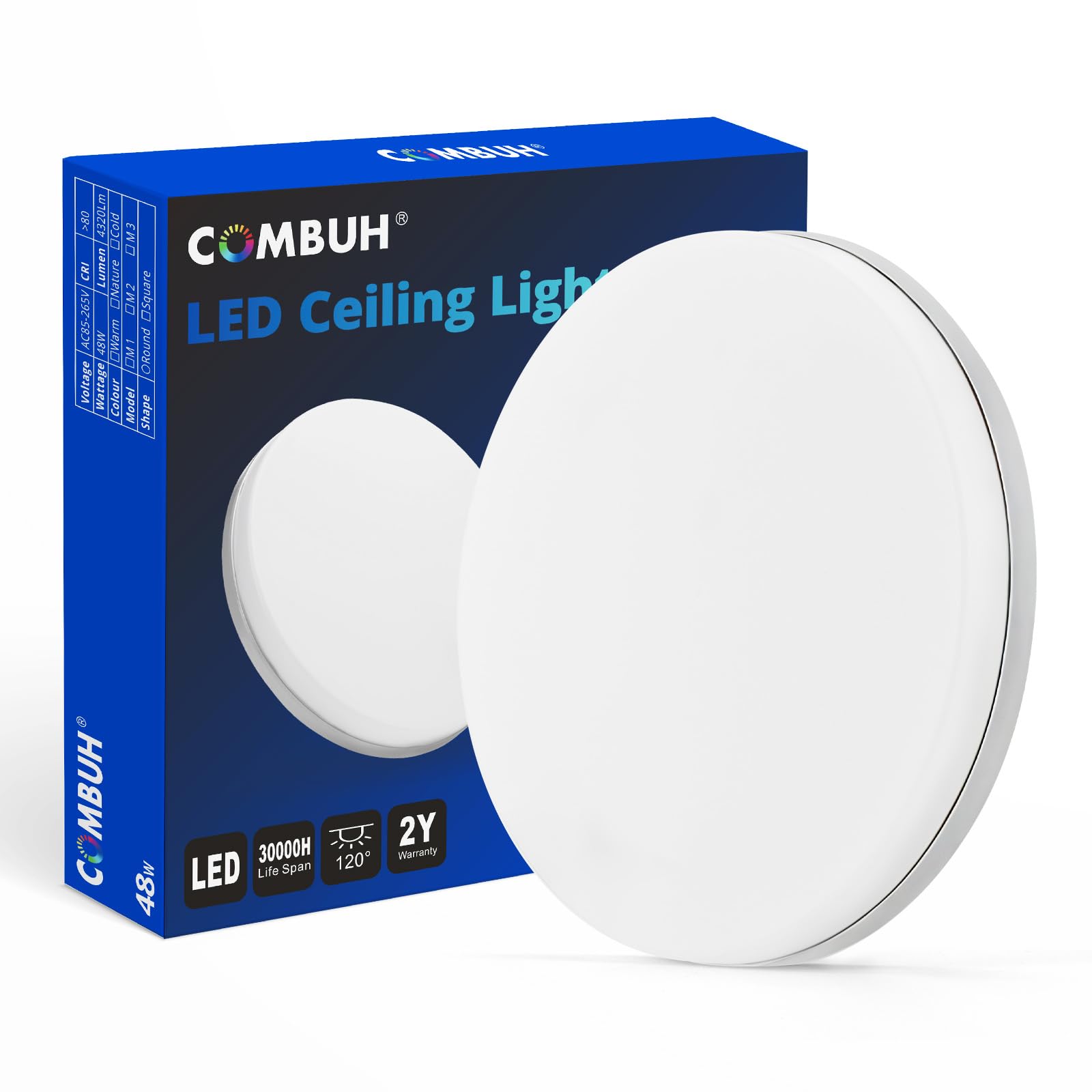 Combuh LED Flush Ceiling Light Natural White 4000K, 30CM Bright 48W, IP44 Waterproof, Round Modern Lighting Fitting for Bathroom, Kitchen, Living Room, Roof, Office