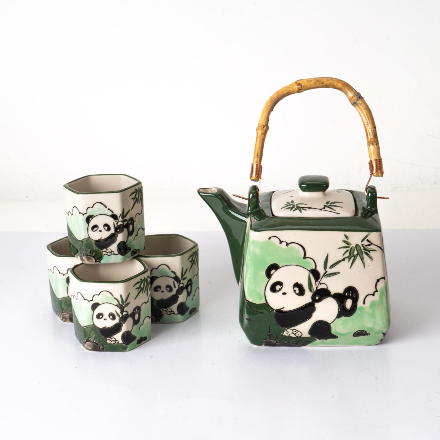 Photo 1 of Porcelain Tea Set Teapot with Strainer Square Shape With Wooden Handle and 4 Hexagon Tea Cups Handpainted Playful Panda Design Tea Set Japanese Style