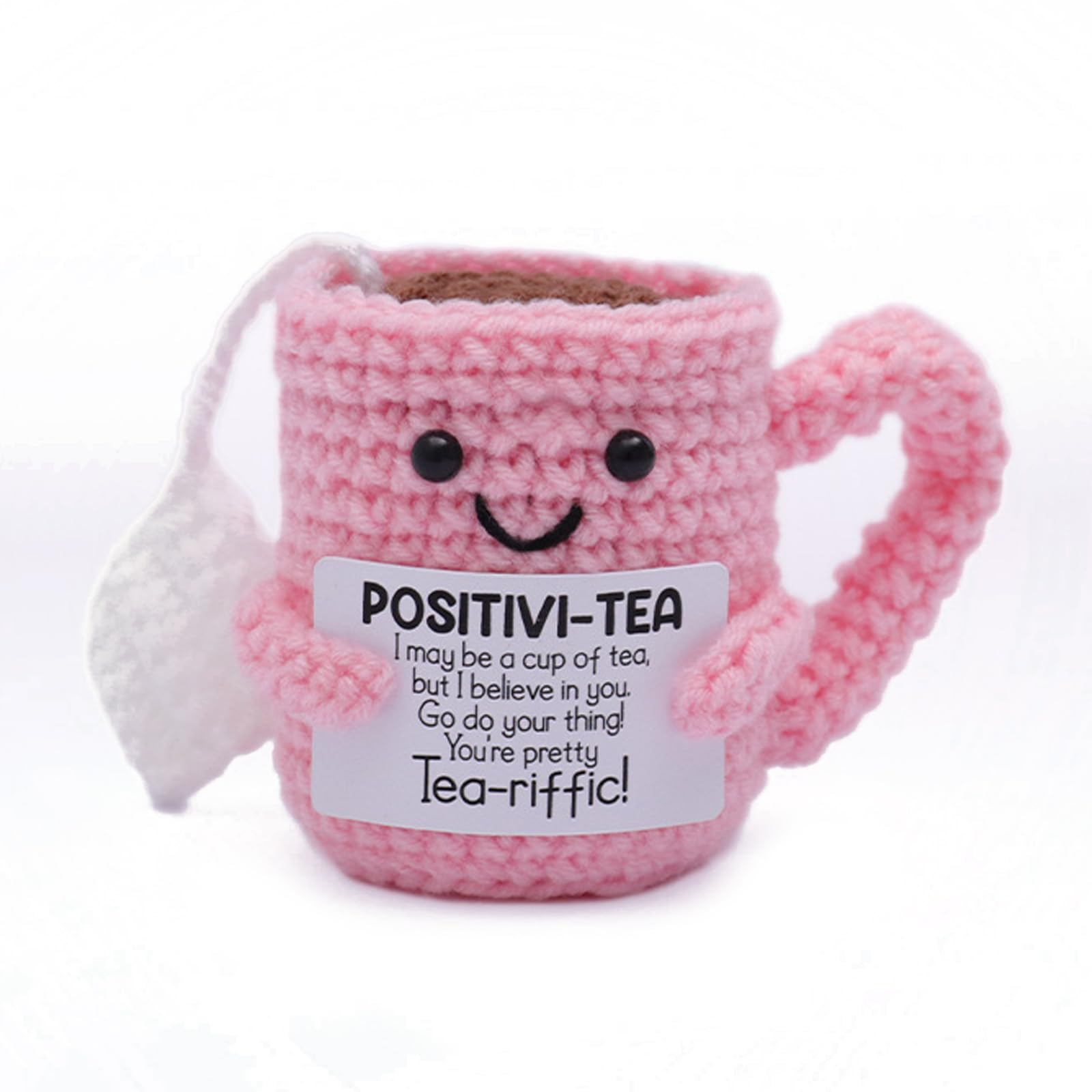 InteDesign Handmade Emotional Support Crochet Funny Positive Pink Cup Gifts with Cards Knitted Animal Plush Doll for Women Girls Friend, Party Decoration Encouragement Good Luck Gifts (Pink Cup)