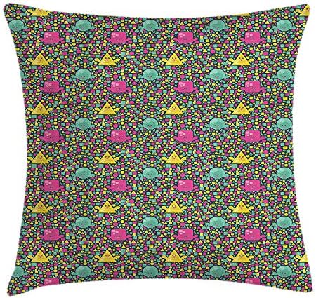 Birds Throw Pillow Cushion Cover, Grunge Fun Composition with Bird Characters in Different Geometric Shapes, Decorative Square Accent Pillow Case, 18 X 18 inches, Sea Green Pink Yellow