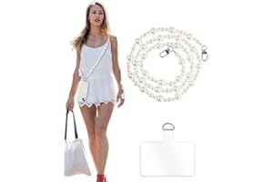 Turkalla Phone Chain Crossbody Pearl Strap, Pearl Beaded Chain Shoulder Crossbody Lanyard with Phone Tether Patches Compatible with Most Phones Bag Purse