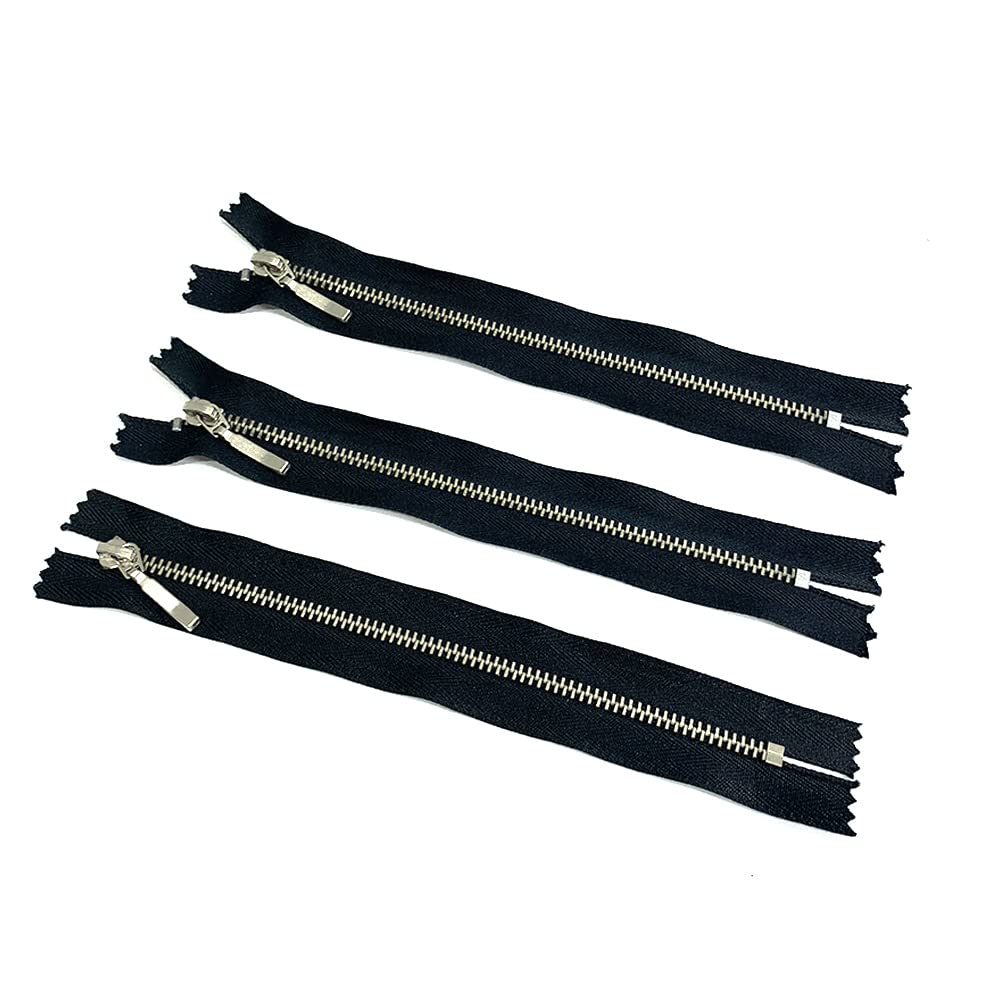 3 Pieces/Pack Zipper Brass Closed 18cm, Metal Zipper 3#, Zipper for Sewing, Black and Silver, (18 cm, 888)