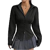SweatyRocks Women's Solid Asymmetrical Hem Button Down Shirt Long Sleeve Collared Slim Fit Dressy Blouse Tops