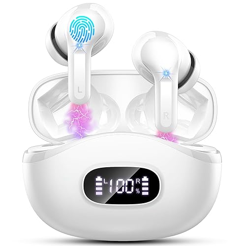 AOTONOK Bluetooth Headphones Wireless 5.3 with 4 ENC Noise Cancelling Mics, In-Ear Headphones Bluetooth Deep Bass, 40H Wireless Headphones IP7 Waterproof Earbuds LED Display Earphones, White