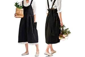 NEWGEM Cotton Linen Cross Back Apron for Women with Pockets for Cooking Baking Black without Waist Ties