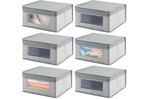 mDesign Medium Fabric Stackable Closet Storage Organizer Box with Front Window/Lid for Bedroom, Office, Mudroom Organization, Hold Clothes, Blankets, Linens, Lido Collection, 6 Pack, Gray