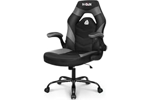 N-GEN GAMING Video Gaming Chair Ergonomic Office Desk Chair with Lumbar Support Adjustable Height Padded Flip Up Arms and Swivel Wheels Racing Style Design for Adults with PU Leather (Grey)
