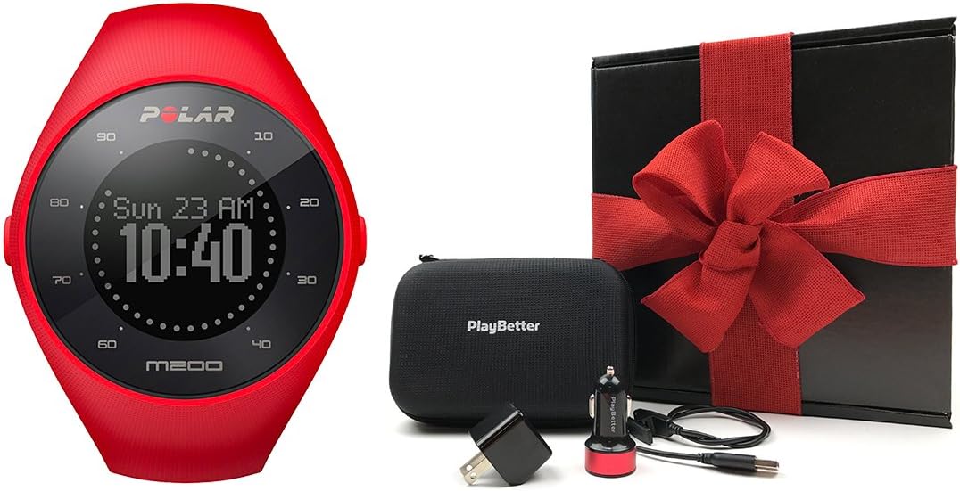 Polar M200 (Red) Gift Box Bundle | Includes GPS Running Watch (with Wrist HR), PlayBetter USB Car & Wall Charging Adapters, Protective Hard Carrying Case