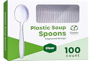 GUSTO Comfy Package, [100 Pack] Heavyweight Disposable Clear Plastic Soup Spoons - Engraved Design