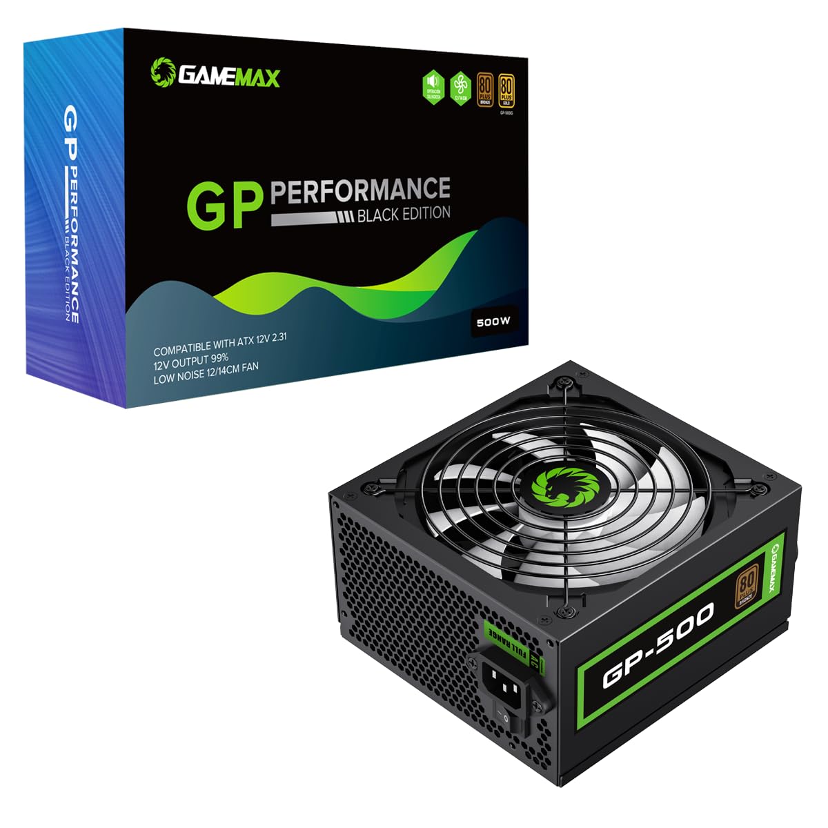 GameMax GP-Series 500W 80 Plus Bronze Power Supply - 500W GameMax GP-Series GP-500, Fully Wired, Single Rail, 140mm Fan, ATX PSU | Black