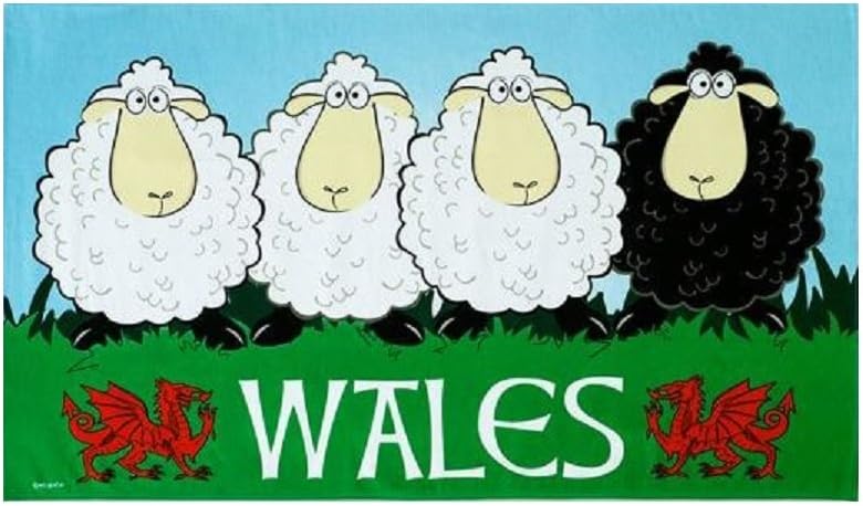 Welsh Tea Towel Wales Black White Sheep Red Dragon Souvenir Novelty