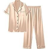 Ekouaer Silk Satin Pajamas Set Women Short Sleeve Sleepwear Soft Button Down Loungewear Pjs Set