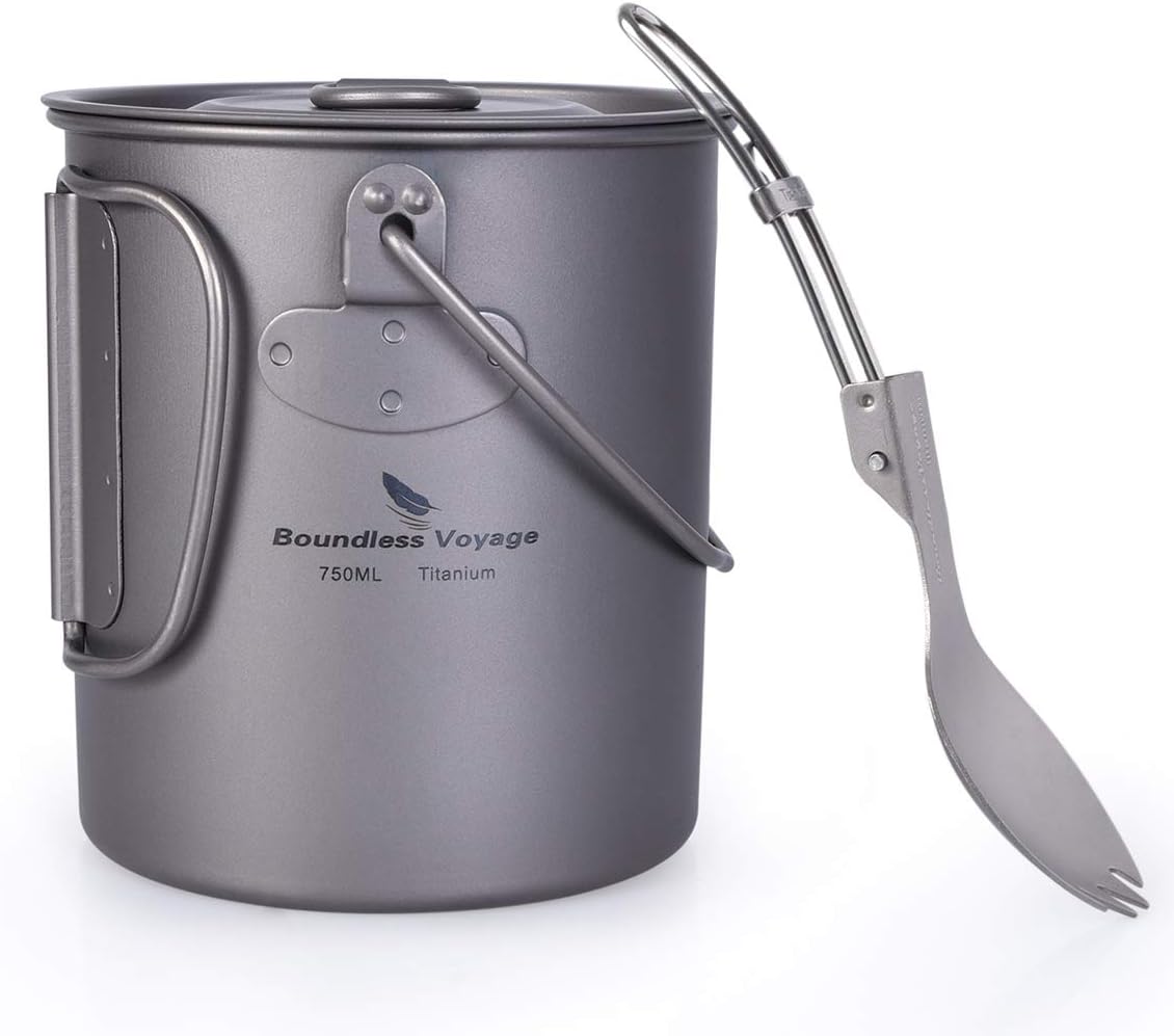 iBasingoCamping Titanium Pot Mug 750ml/900ml/1100ml/1250ml Hanging Cup Lightweight Portable Cookware with Lid & Foldable Handle Outdoor Survival Picnic Hiking Kitchenware Tea Coffee Water Drinkware