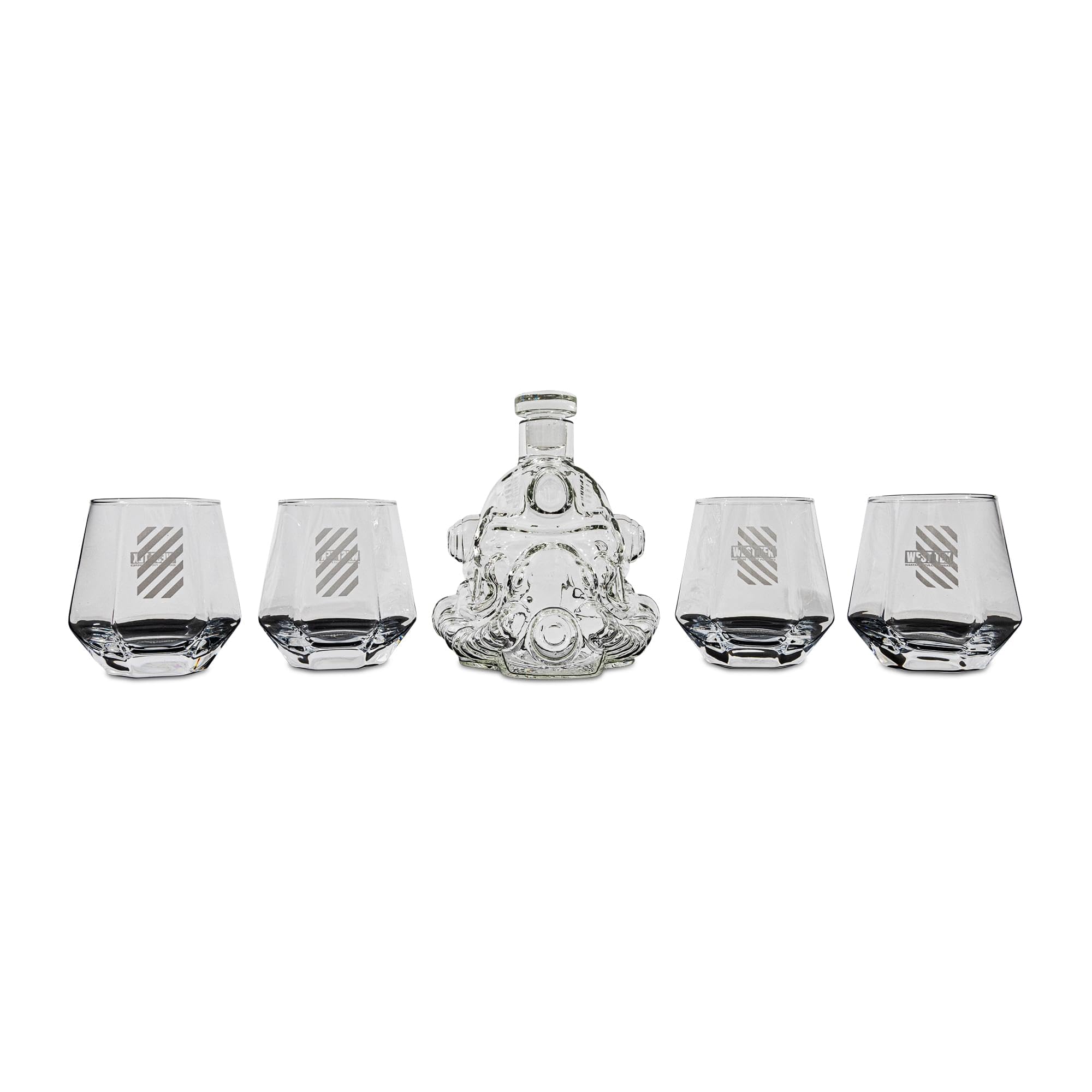 Photo 1 of Fallout Brotherhood of Steel 5-Piece Whiskey Decanter Set With Glasses | Home Barware For Liquor and Beverages