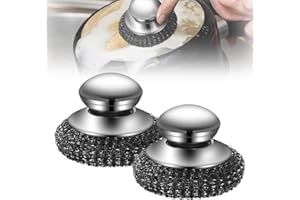 hoehew Stainless Steel Wool Scrubber with Handle, 2025 Upgrade Cast Iron Scrubber Detachable Metal Steel Scrubber Wool Pads for Cleaning Dishes, Iron Pots, Stoves, Wash Sink (2pc)