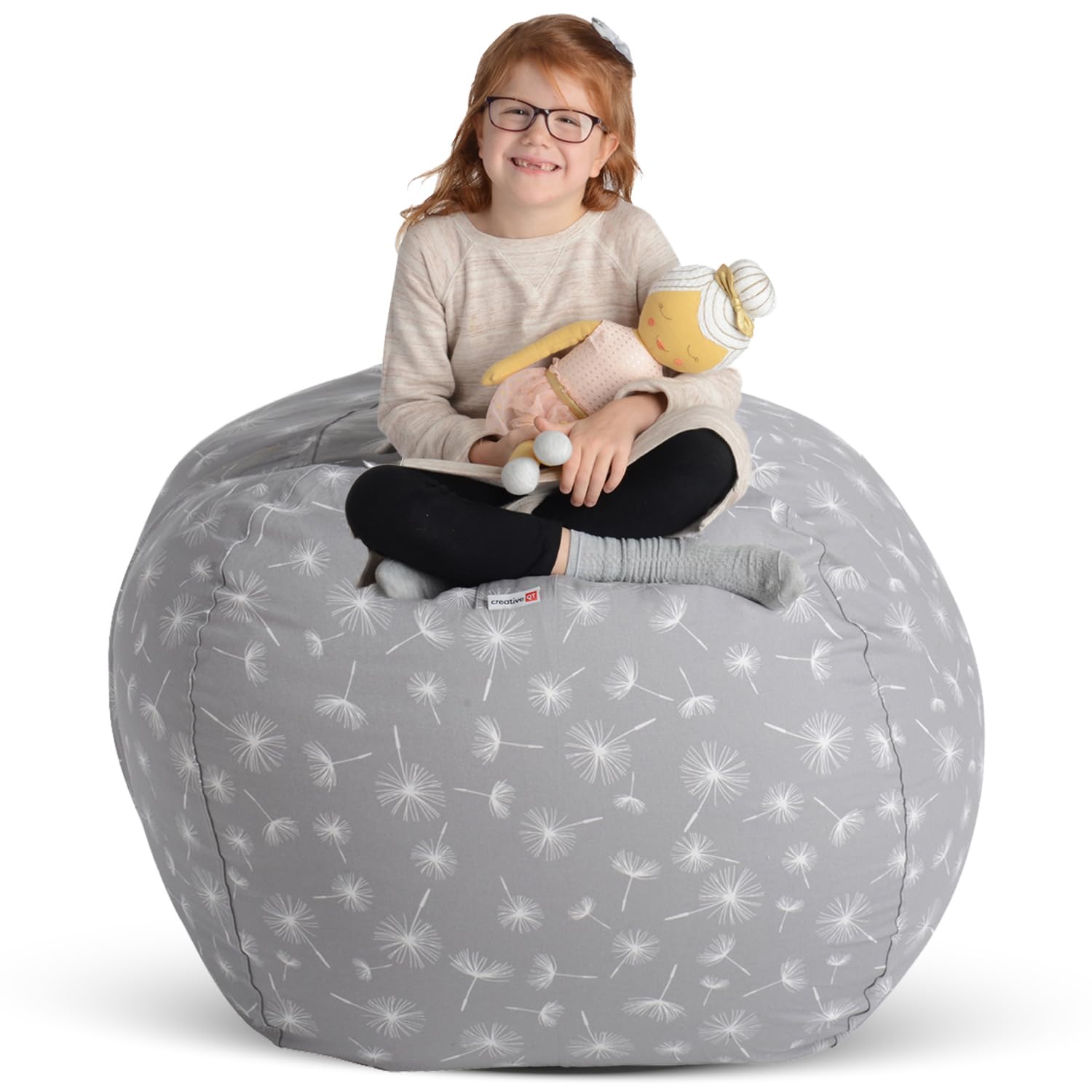Creative QT Stuff ’n Sit Extra Large 38’’ Bean Bag Storage Cover for Stuffed Animals & Toys – Gray Dandelion Print – Toddler & Kids’ Rooms Organizer – Giant Beanbag Great Toy Hammock Alternative