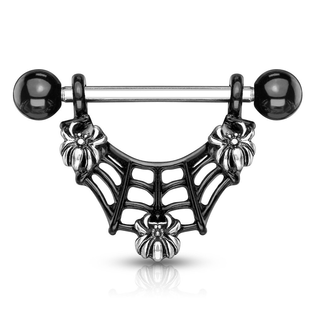 PiercedOff Black Nipple Bar with 3 Spiders on a Web Dangle