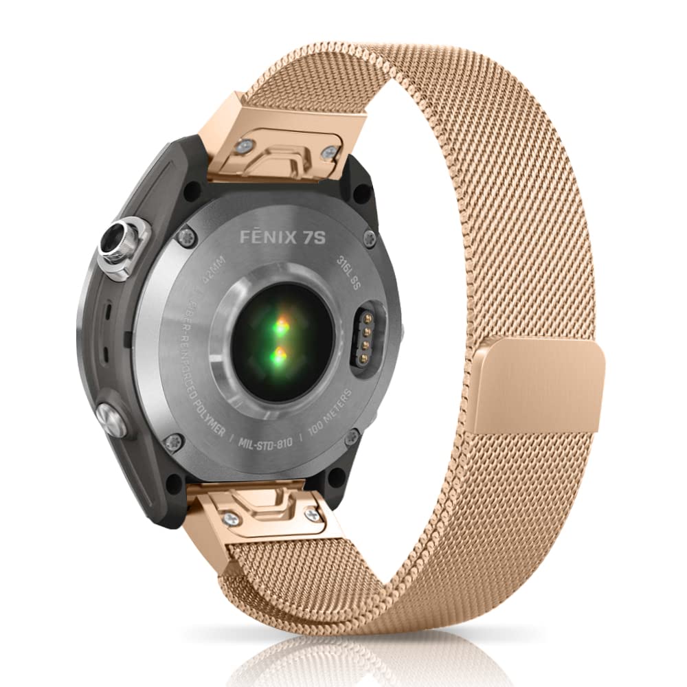 Niboow QuickFit 20mm Strap for Garmin Fenix 8 43mm/Fenix 7S Pro Solar/Epix 2 Pro 42mm, Stainless Steel Metal Watch Bands for Garmin Descent Mk2S - Rose Gold