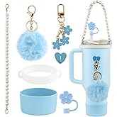 Rabrgab 7Pcs Blue Stanley Cup Accessories Set - Water Bottle Handle Strap, Silicone Flower Straw Topper, Silicone Cup Boot, Pompom and Flower Charms for Water Bottle Tumbler 20oz 30oz 40oz