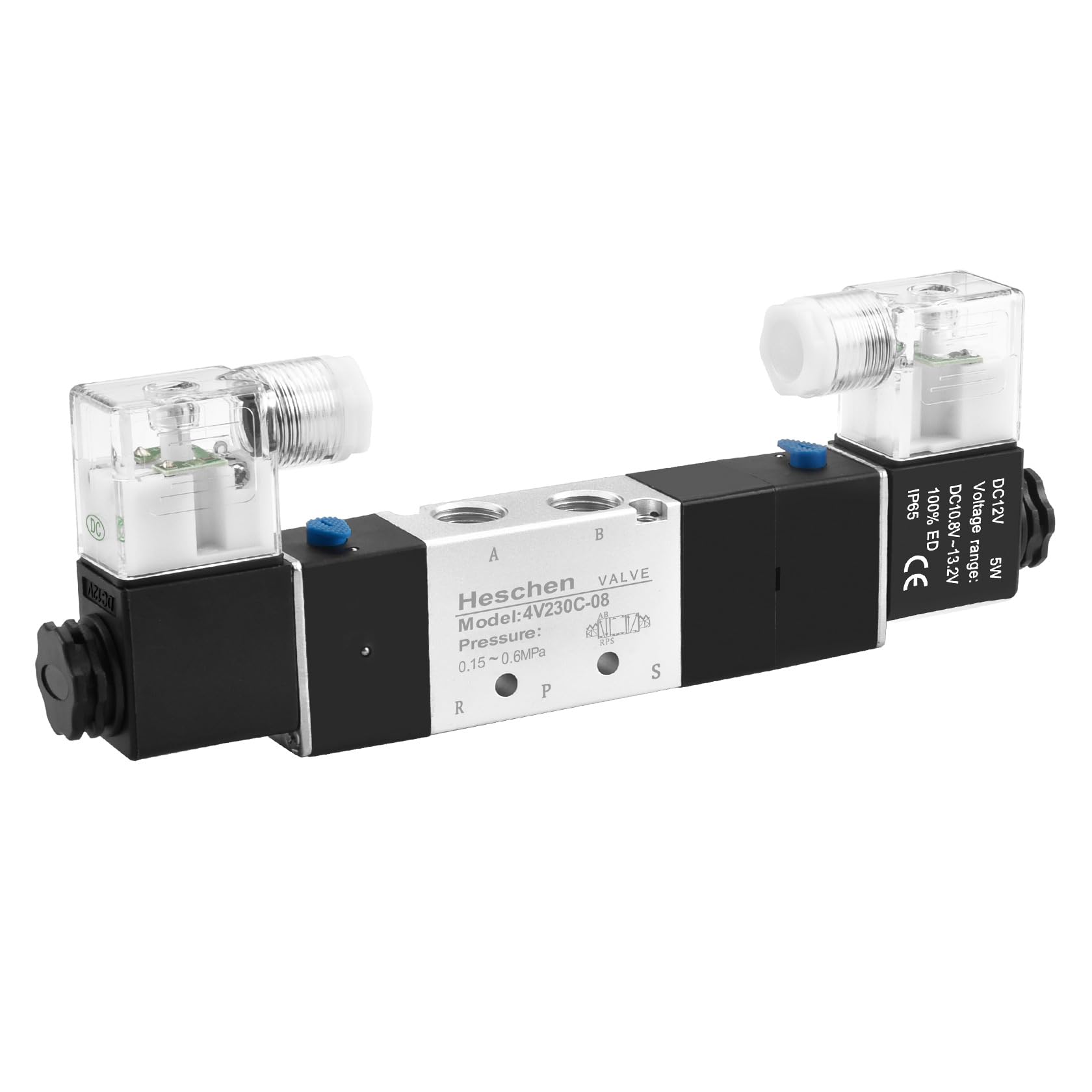 Heschen Electrical Pneumatic Solenoid Valve, 4V230C-08, 12VDC, PT1/4'', 5 Way 3 Position, CE