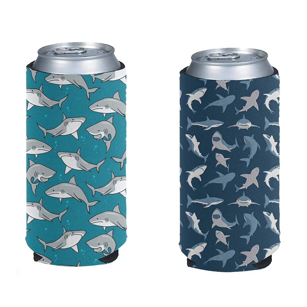 Pizding Set of 2 Pieces Shark Pattern Beer Can Sleeves Soft Anti-Slip Can Beverage Bottle Coolers Holder Fit 12oz Beer,Iced Coffee,Energy Drink Party Birthaday Picnic Use Gift for Men Boys
