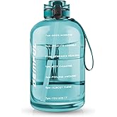 GEMFUL 3 Liter Water Bottle with Straw 101oz BPA-Free Leakproof Time Marker Handle for Gym Sports Large Motivational Jug for Men Women (Cyan with Removable Straw)