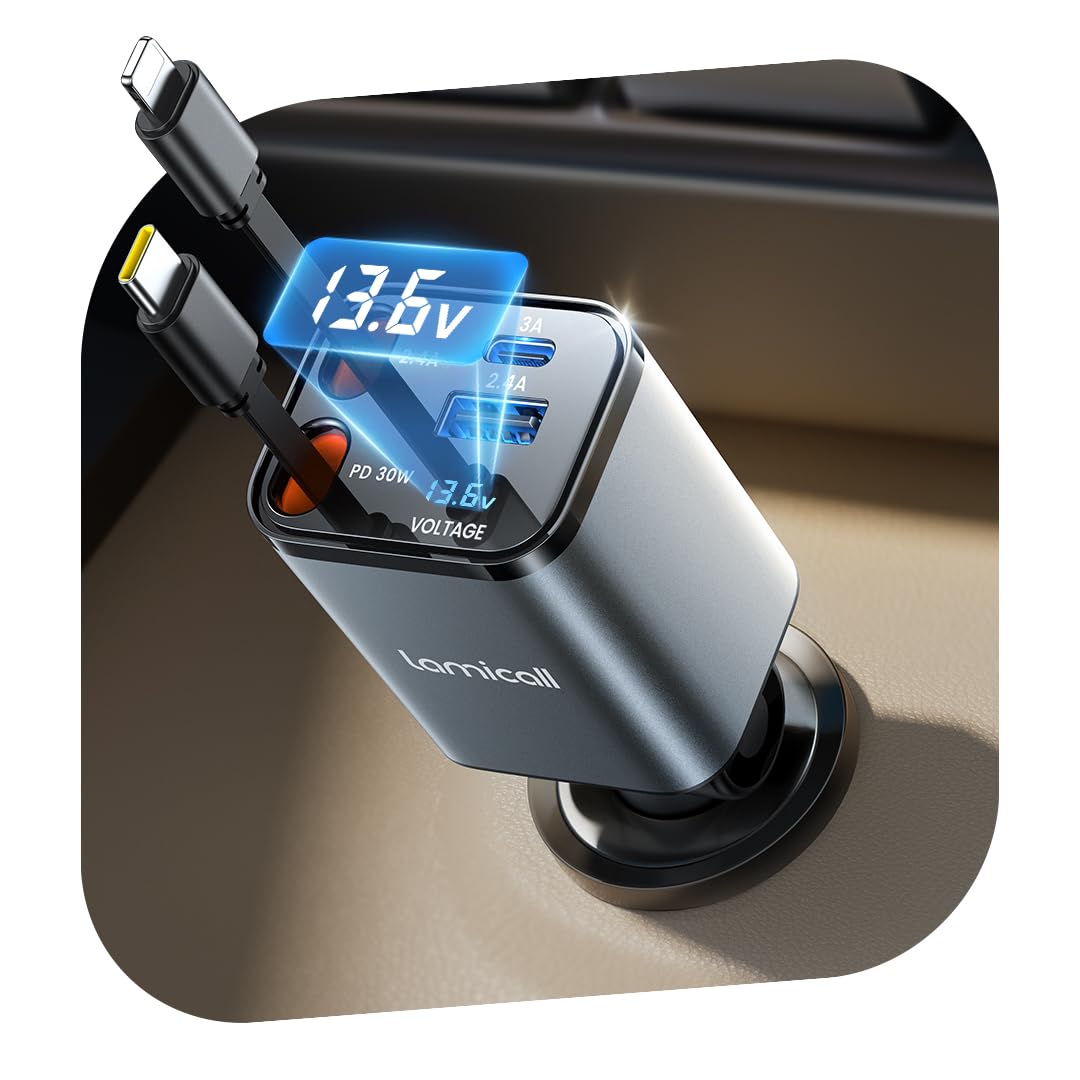 Photo 1 of Lamicall Retractable USB C Car Charger, 69W [Upgrade-Compact] 4 in 1 Car Phone Charger Adapter with Bult in 31.5in Retractable Cable for iPhone 16/15/14/13/12/11, Galaxy, Pixel, Airpods