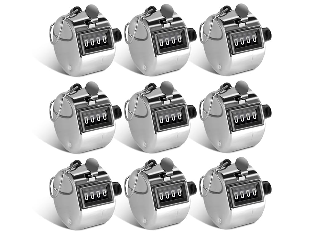 Abiyou 9 Pieces Hand Tally Counter, Manual Mechanical Counter, Metal Hand Tally Counters, 4 Digit Hand Tally Counters, Click Counter with Finger Ring, for Counting, Coaching, Golf, Fishing (Silver)