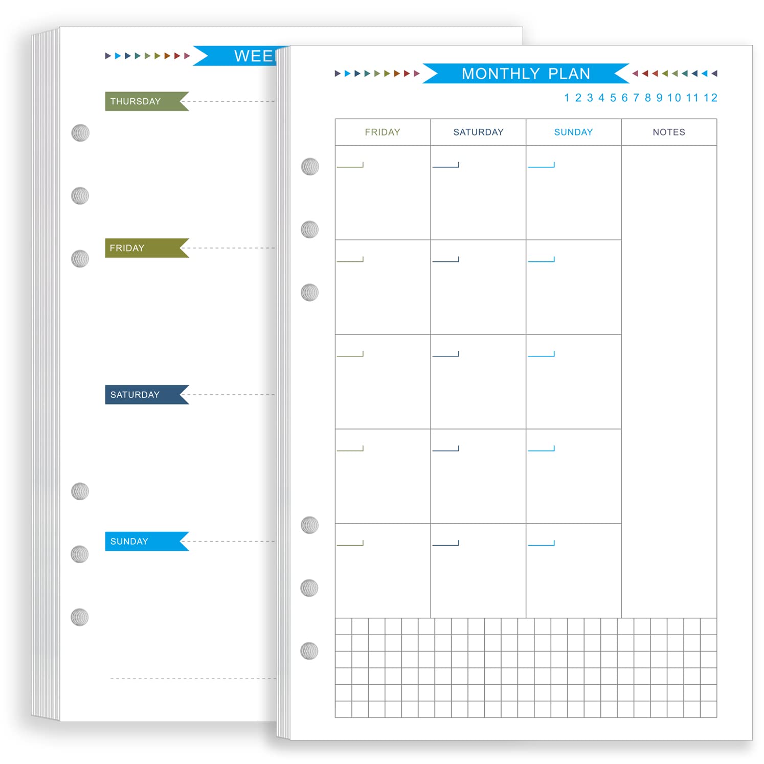 Zelten Colorful Loose Leaf Punched Paper Refills Paper for 6 Hole Binder Personal Organizer Diary Notebook Refillable Planner (Weekly Monthly Planner, A5)