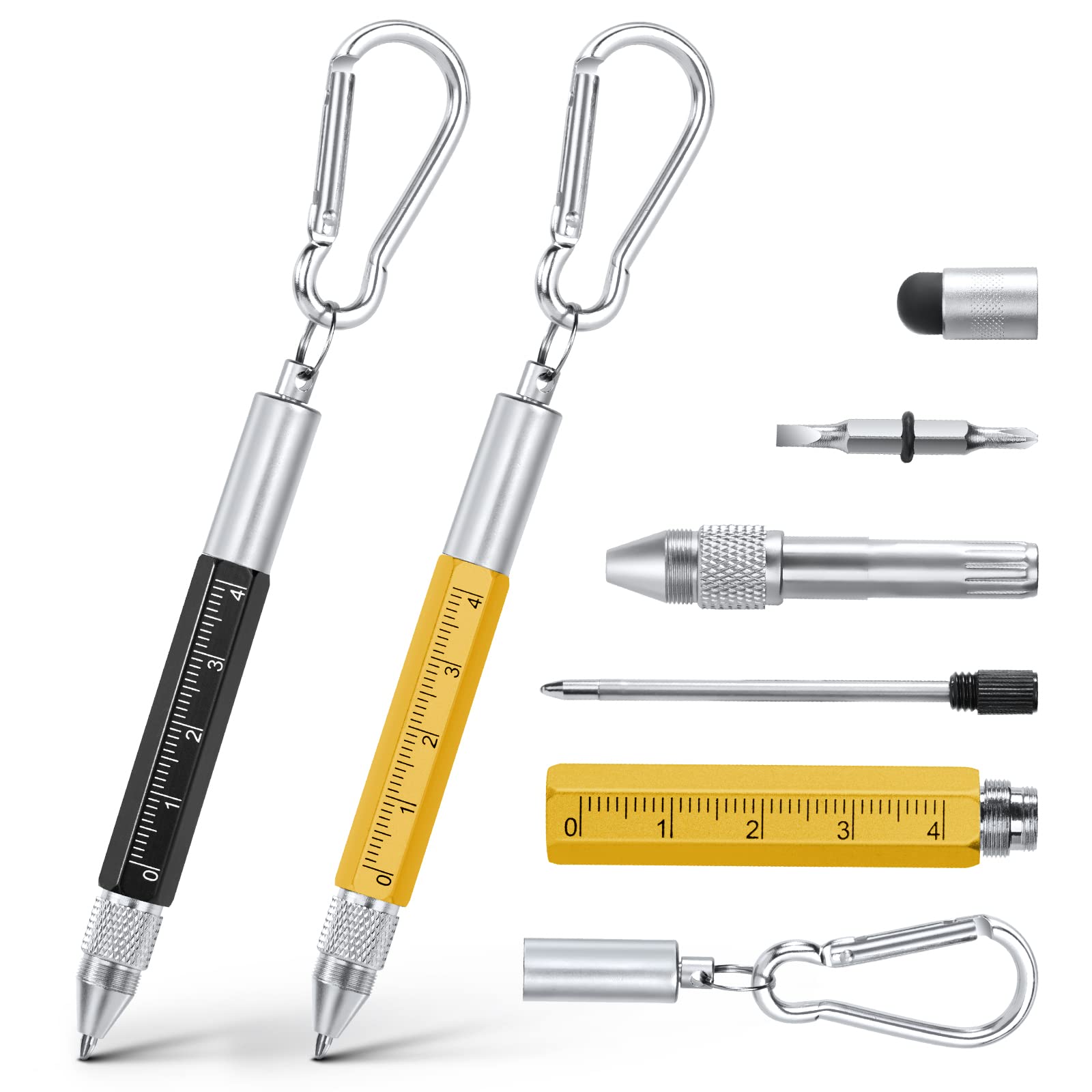 Vicloon Multi Tool Pen, 6 in 1 Multitools Gadgets for Men Dad, Grandad Gifts Include Ballpoint Pen, Touchscreen Stylus, Ruler, Carabiner, Flat and Phillips Screwdriver Dad Gifts (Black+Yellow)